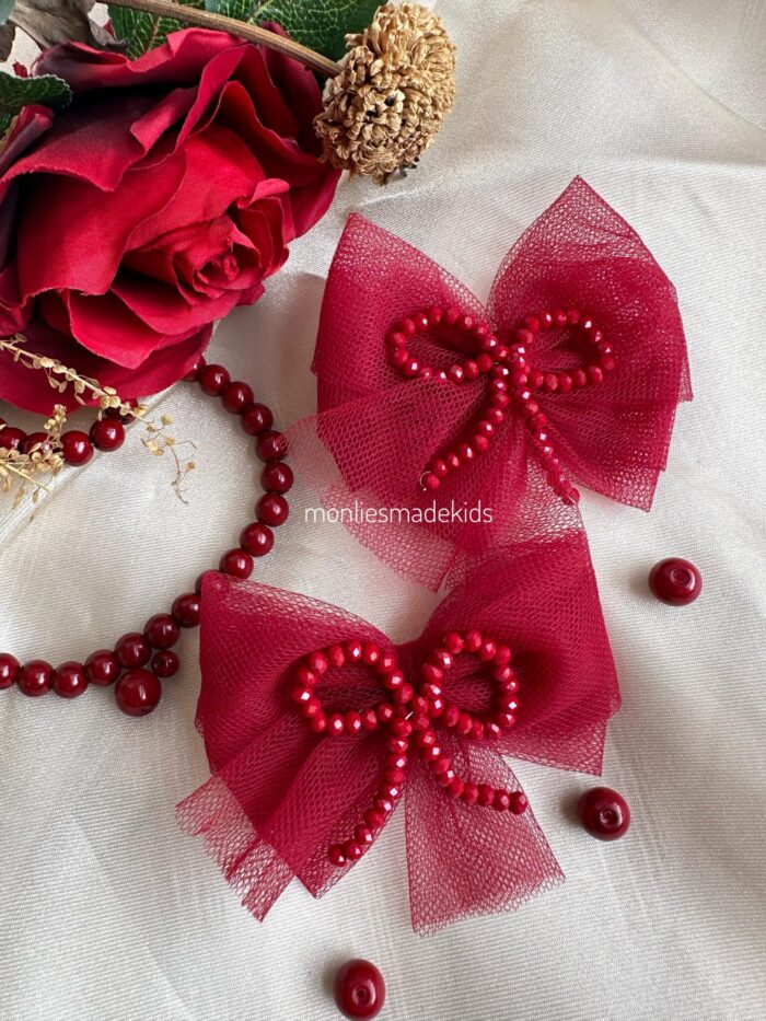 One Pair Elisa Bow With Crystal Beads - Red - Image 1
