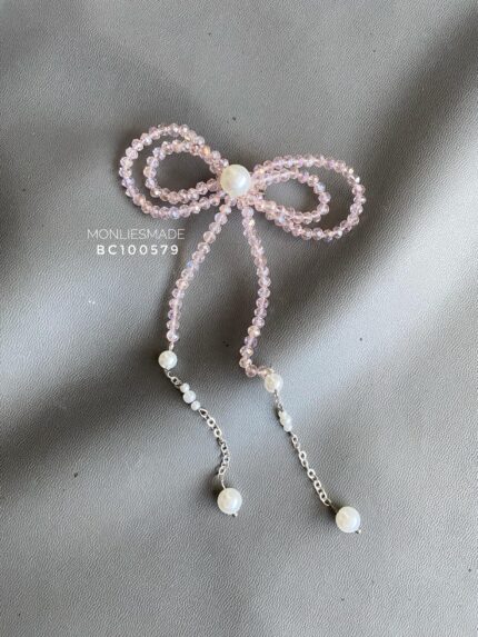 BC100579 - Bow Crystal Brooch with Tussle - Pink