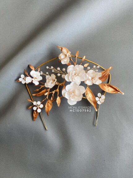 HC1007592 - Flowers White Haircomb With Leaf Gold