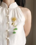 BC110226003 - Small Dandelion Brooch with Jade Chain - Gold - Image 2