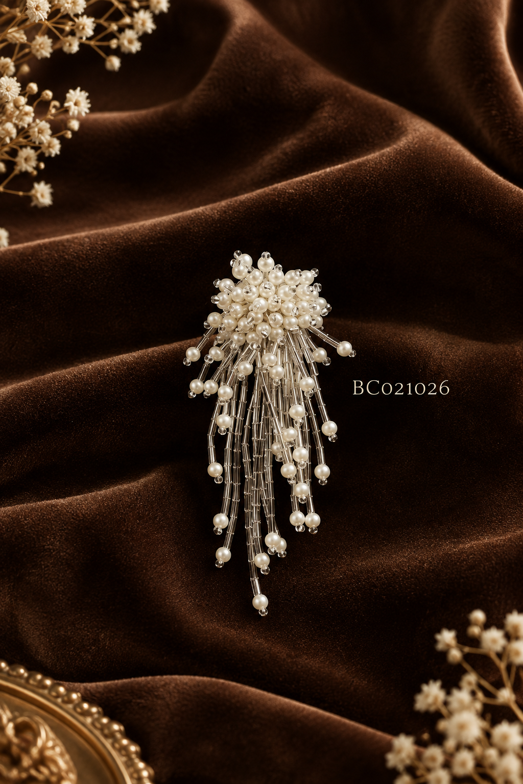 a_minimalist_high_end_product_photography_scene BC021026 - Silver Pearl Drape Brooch - Image 1